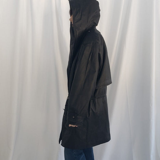 90s Black Leather Hooded Trench Coat