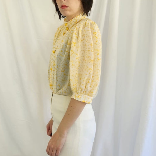 90s Yellow and White Floral Blouse