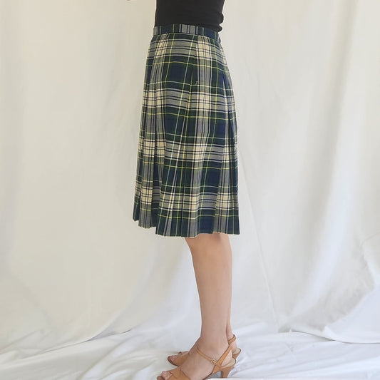 70s Green and Blue Plaid Midi Skirt