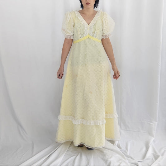 70s Yellow and White Eyelet Lace Maxi Dress