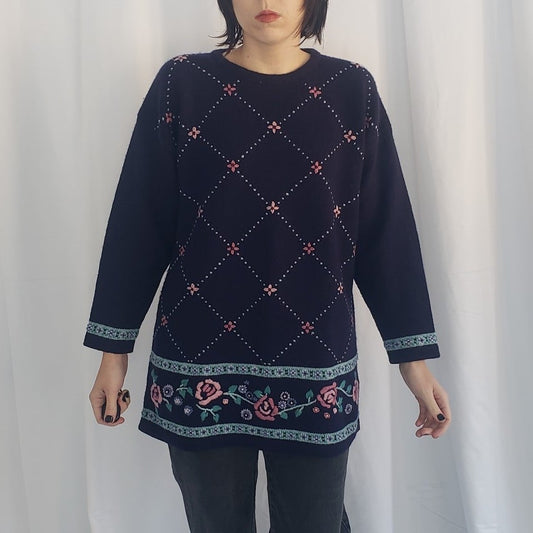 90s/00s Blue Wool Floral Sweater