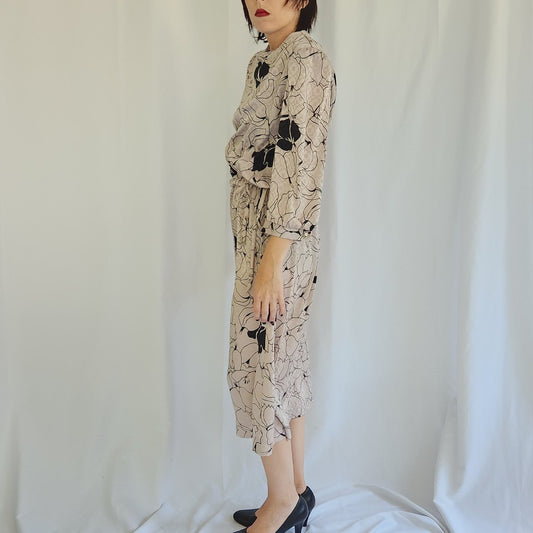 80s Tan and Black Midi Day Dress