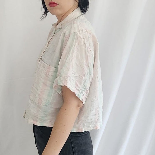 80s Pastel Pink and Green Cropped Button Down