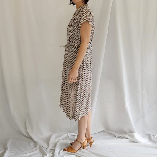 50s/60s Handmade White, Red and Gray Printed Day Dress