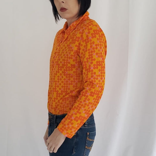 70s Orange Polka Dot Dagger Collar Shirt