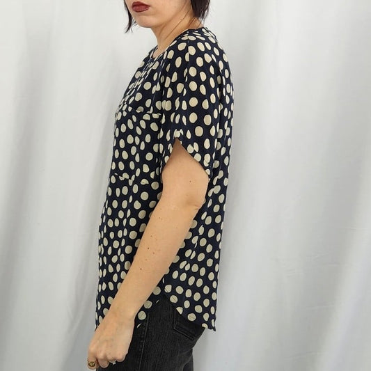 90s Navy and White Polka Dot Silk Blouse