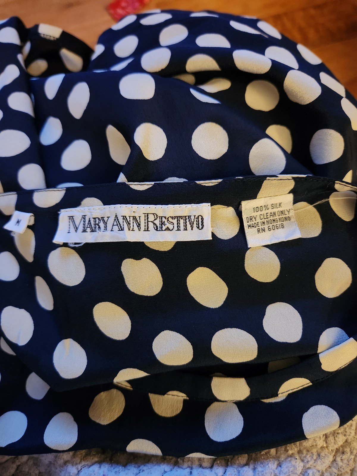 90s Navy and White Polka Dot Silk Blouse