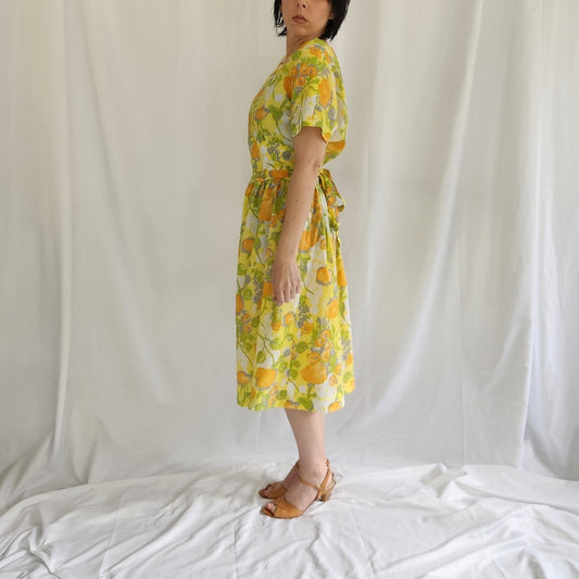 60s/70s Home Made Yellow and Green Floral Day Dress