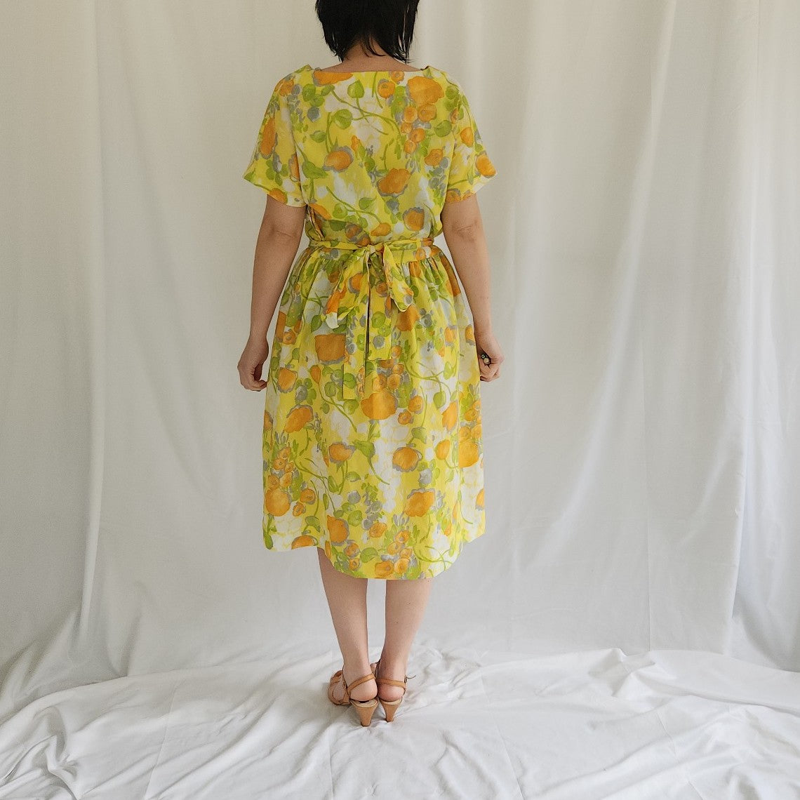 60s/70s Home Made Yellow and Green Floral Day Dress