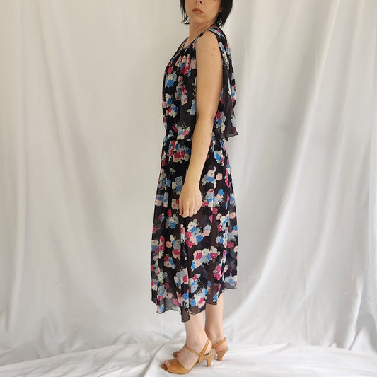 70s/80s Sheer Black, Pink, and Blue Floral Dress