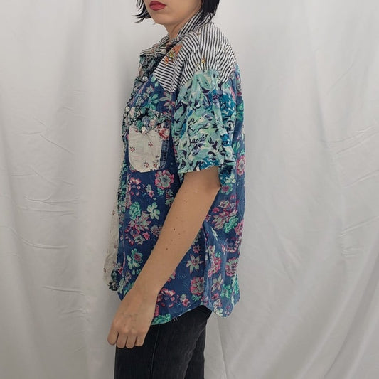 80s/90s Funky Floral and Stripes Oversize Button Down