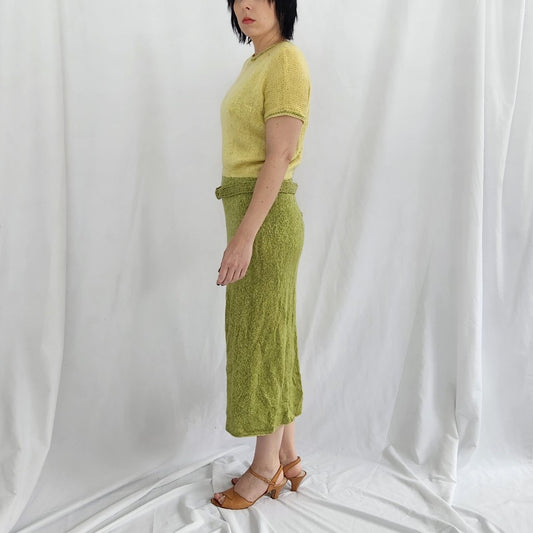 60s/70s Green and Yellow Hand Knit Dress and Cardigan Set