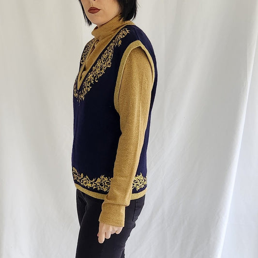 90s Navy and Gold Sweater Vest with Gold Turtleneck