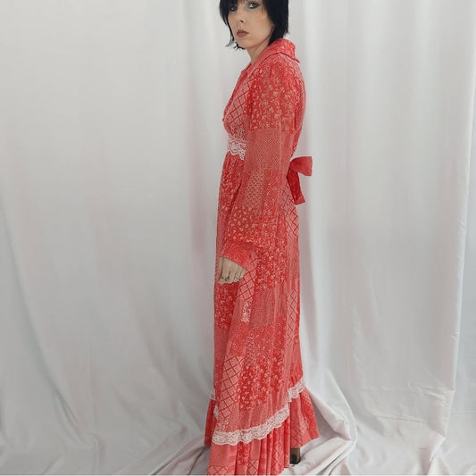 70s Handmade Red And White Prairie Dress