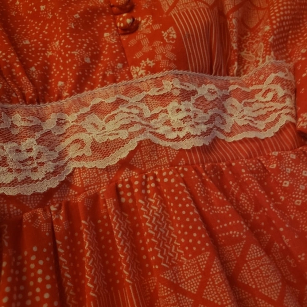70s Handmade Red And White Prairie Dress