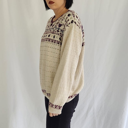 90s Cream and Burgundy Cotton Sweater with Hearts