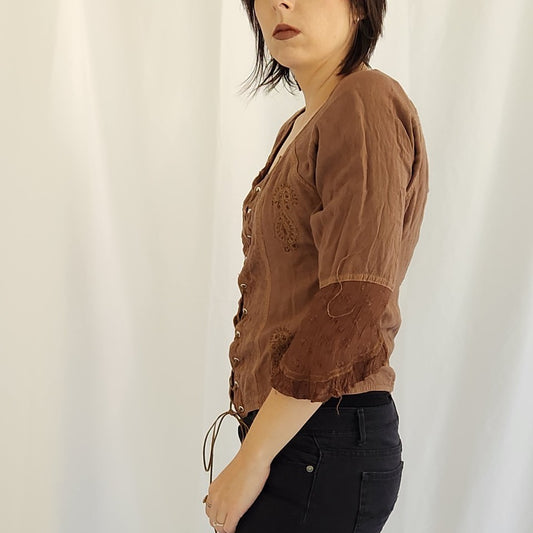 90s/Y2K Boho Lace Up Rayon Top