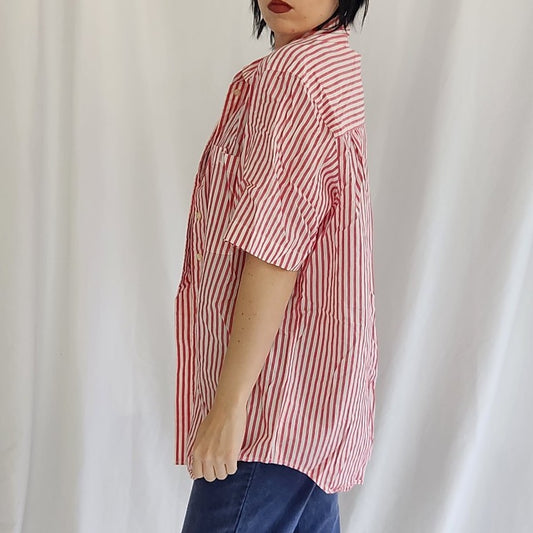 90s Pink and White Striped 100% Cotton Short Sleeve Button Down