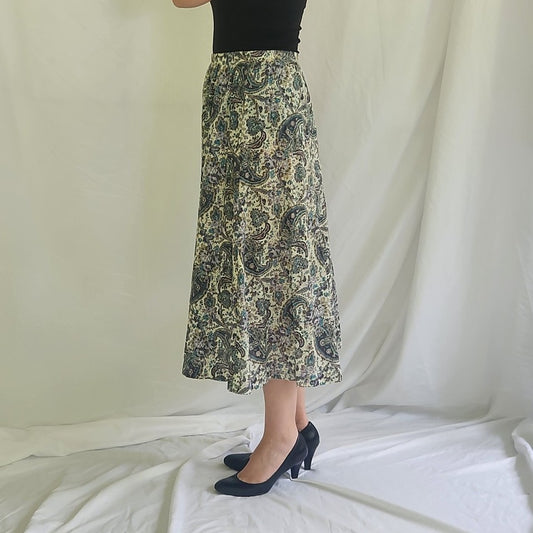 90s White and Purple Paisley Midi Skirt
