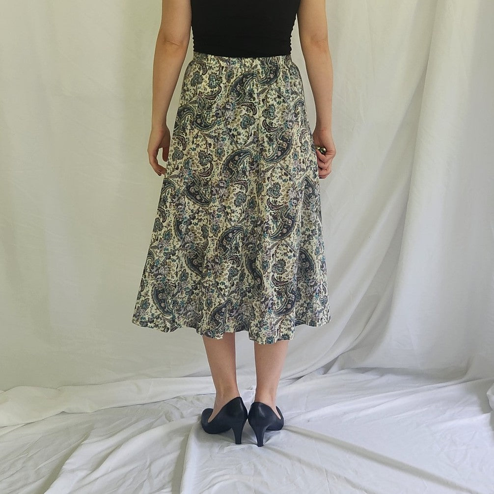 90s White and Purple Paisley Midi Skirt