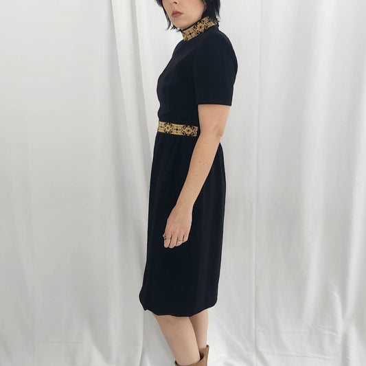70s Black Ribbed Polyester Day Dress