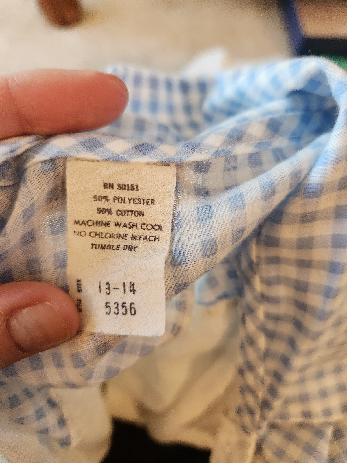 70s White and Blue Button Down Shirt with Gingham Accents