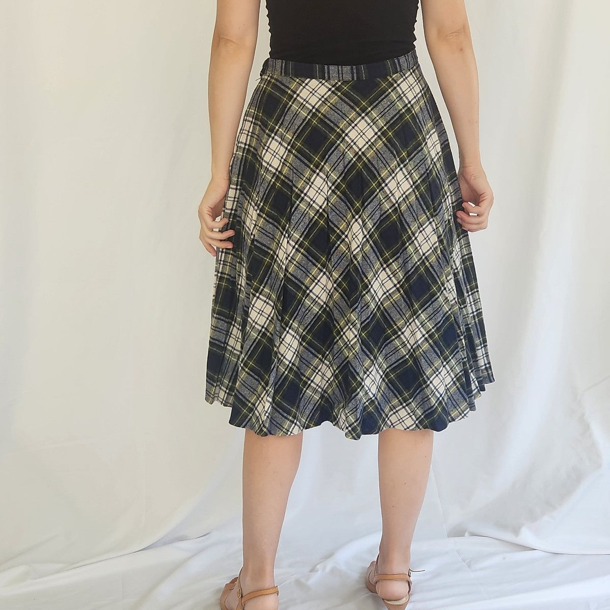 70s Blue Plaid Midi Skirt