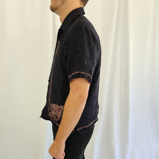 90s/Y2K Black and Maroon Silk Button Down Shirt
