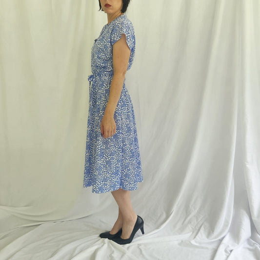 90s Blue and White Floral Print Midi Dress