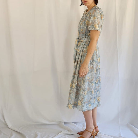 70s Blue and Gold Floral Midi Dress