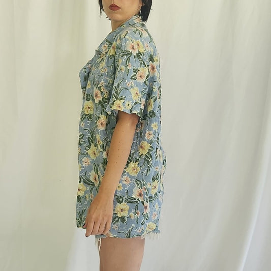 90s/00s Blue Floral Cotton Button Down