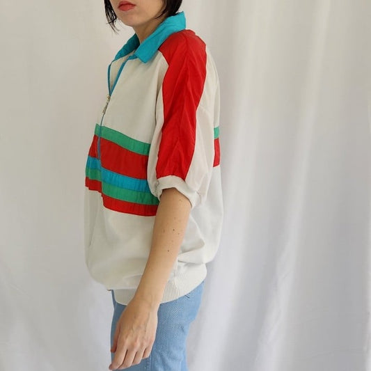 80s White, Red, and Blue Windbreaker Top