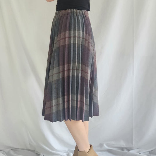 70s Gray and Mauve Plaid Pleated Skirt