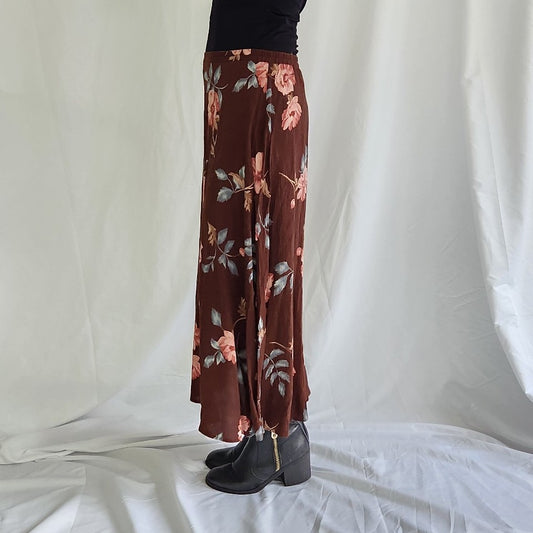 90s/Y2K Brown and Pink Floral Maxi Skirt