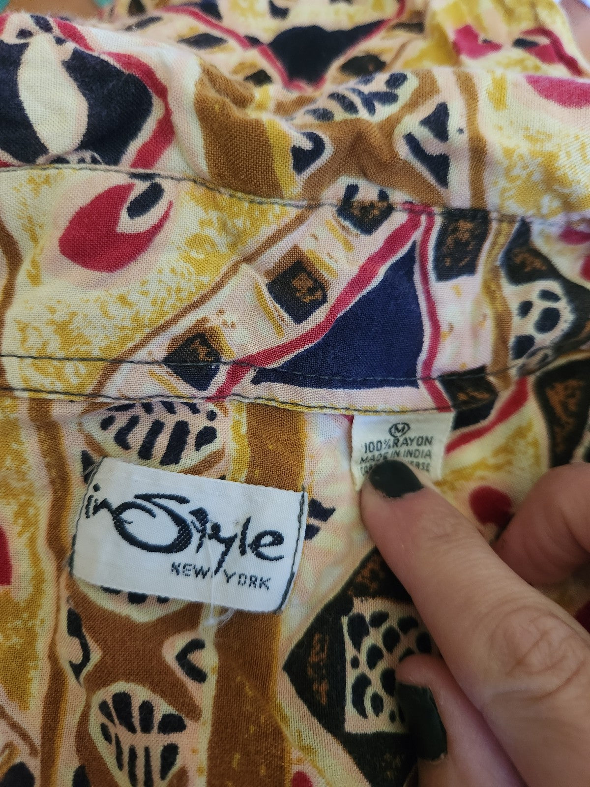 80s/90s Funky Yellow and Tan Rayon Shirt