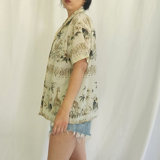 90s Giraffe and Palm Tree Print Shirt