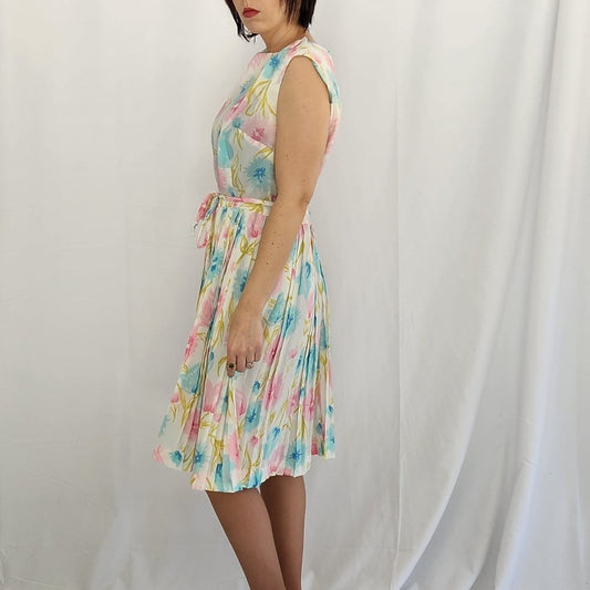 60s/70s White, Blue, and Pink Floral Dress
