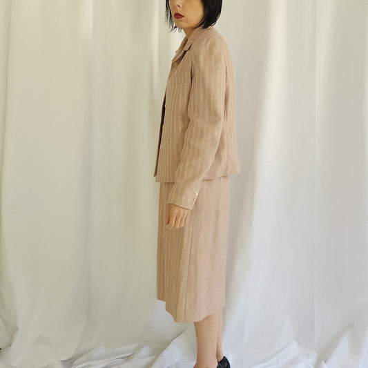 80s/90s Pink and Cream Striped Skirt Suit
