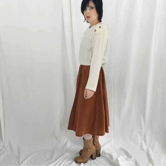 70s White And Brown Fall Day Dress