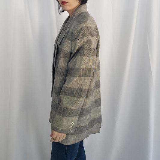 90s Gray Plaid Linen and Cotton Blazer