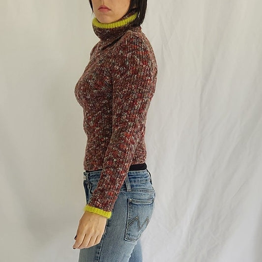 Y2K Brown, White, and Orange Turtleneck Sweater