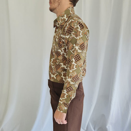 70s Green, Brown, and Gold Paisley Dagger Collar Shirt