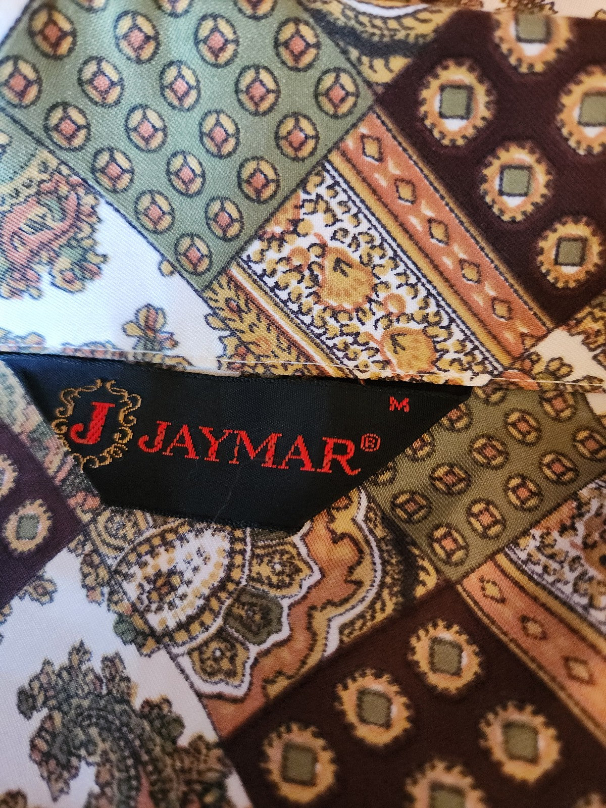 70s Green, Brown, and Gold Paisley Dagger Collar Shirt