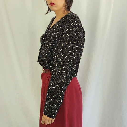 80s Black and White Bow Print Button Down Blouse