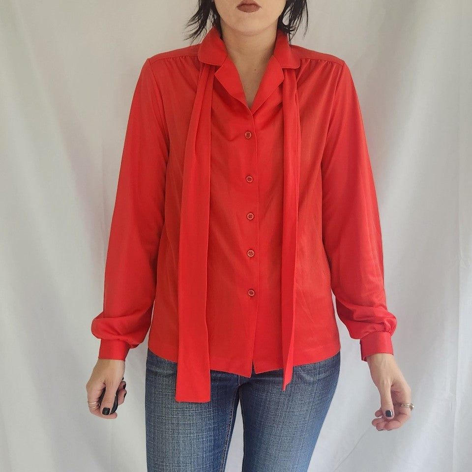 70s Red Button Down with Bow