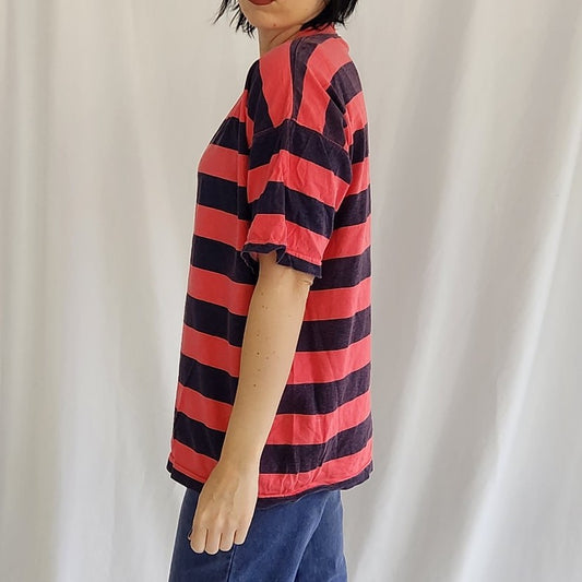 90s Pink and Blue Striped Oversize 100% Cotton Tee