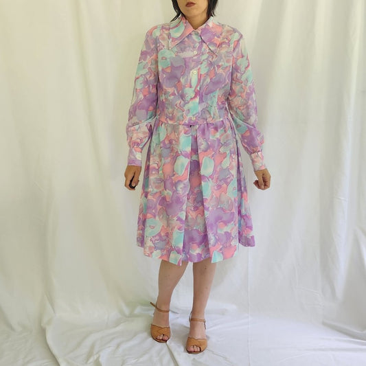 60s/70s Purple, Pink, and Blue Dagger Collar Dress