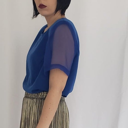 80s Blue Satin Top with Sheer Sleeves