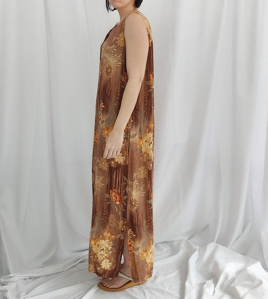 90s/Y2K Brown and Orange Floral Rayon Maxi Dress