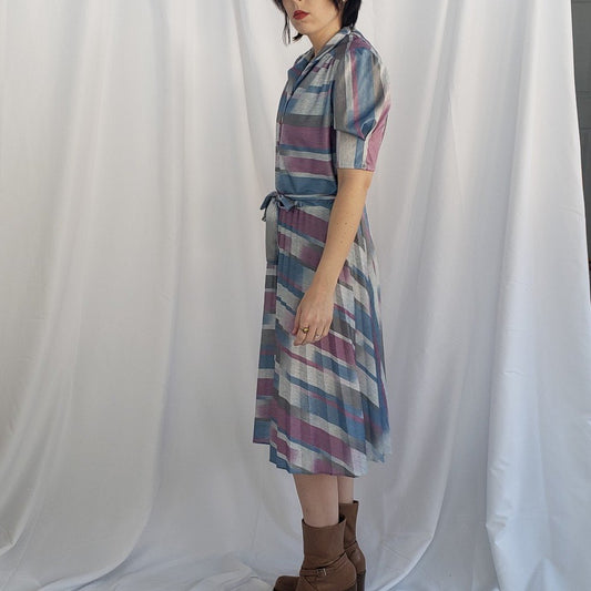 70s/80s Gray, Purple, and Blue Striped Pleated Dress